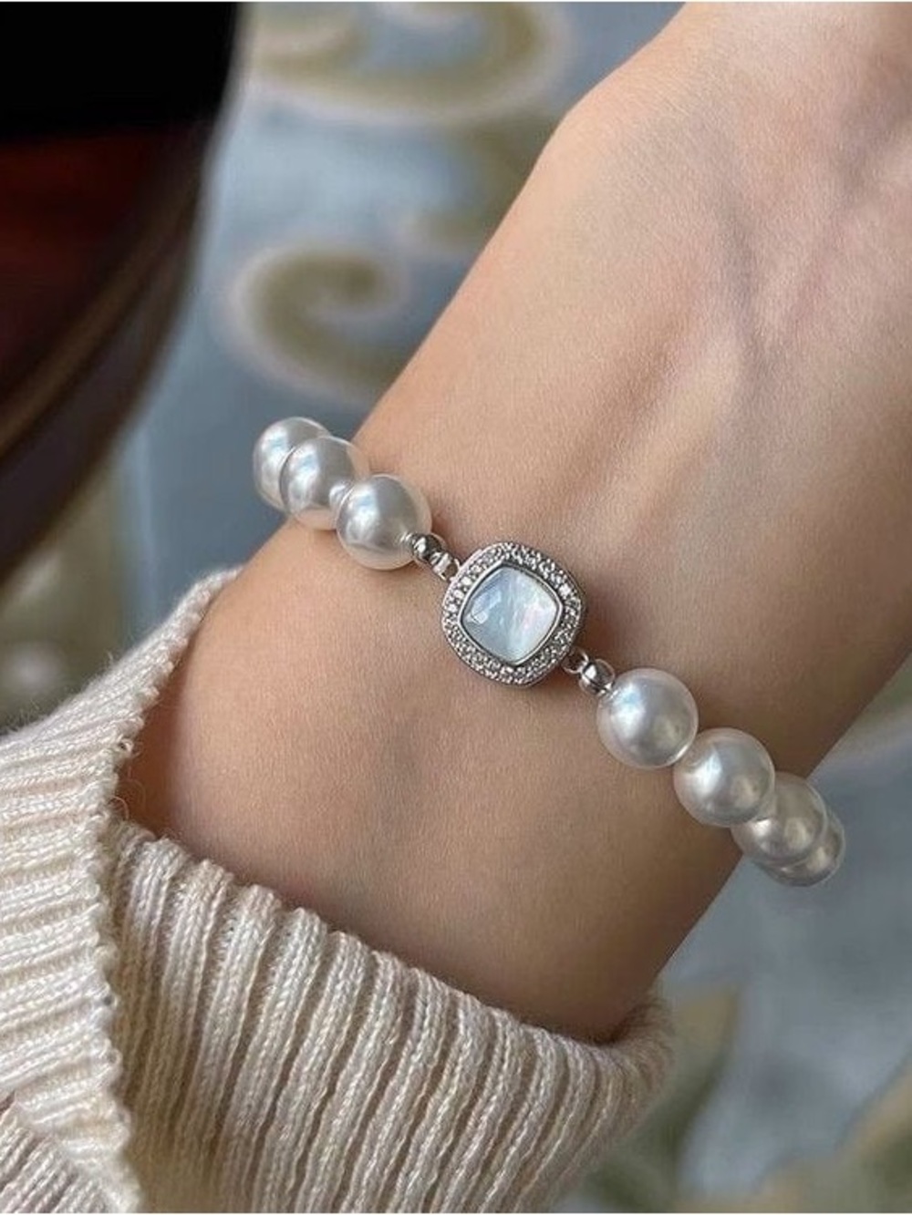 NWT-French Style Layered CZ Inlaid Square Pearl Bracelet